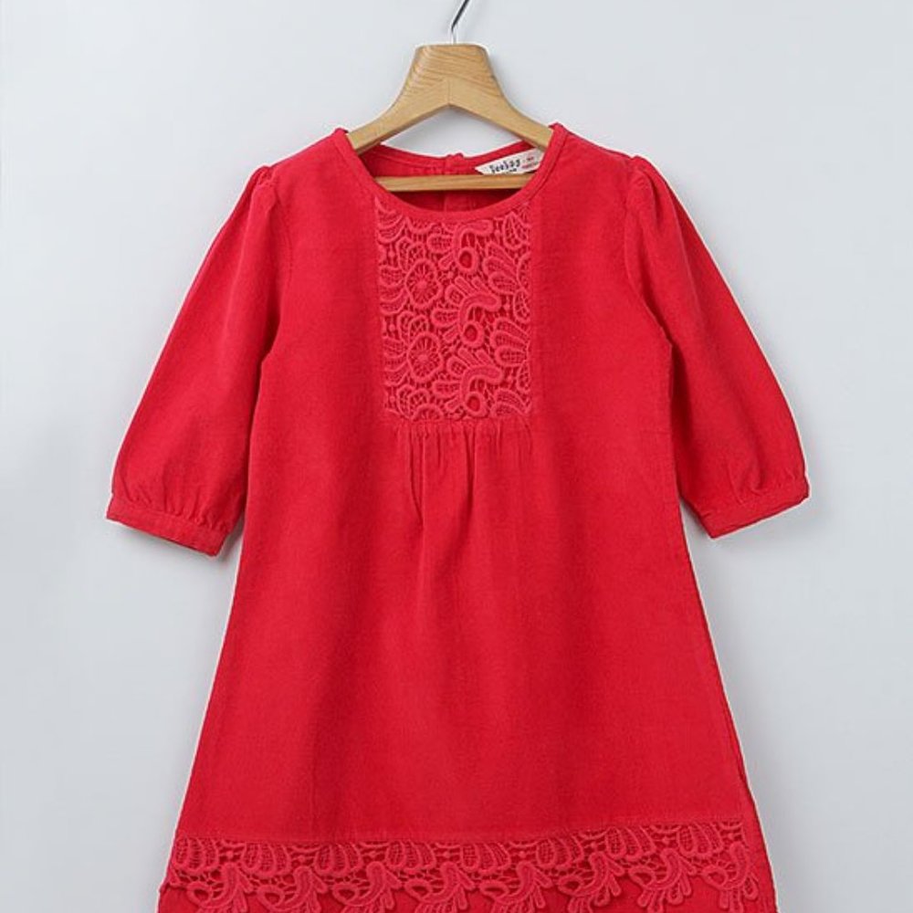 Beebay Girl's Red & Lace Accent Corduroy Dress 5 years